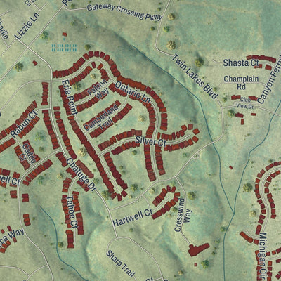Close-up of the map of Hoschton, Georgia print showing street and building detail