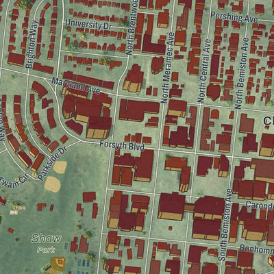 Close-up of the map of Clayton, Missouri print showing street and building detail