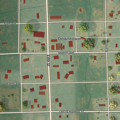 Close-up of the map of Manville, Wyoming print showing street and building detail