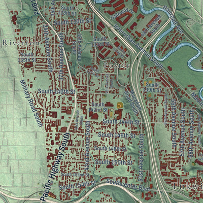 Close-up of the map of Tukwila, Washington print showing street and building detail