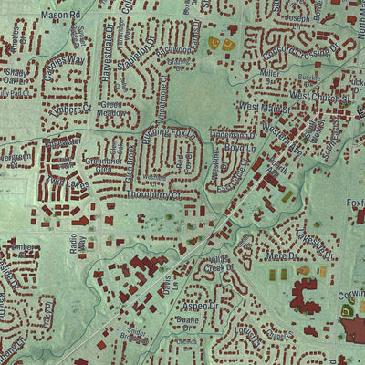 Close-up of the map of Mason, Ohio print showing street and building detail