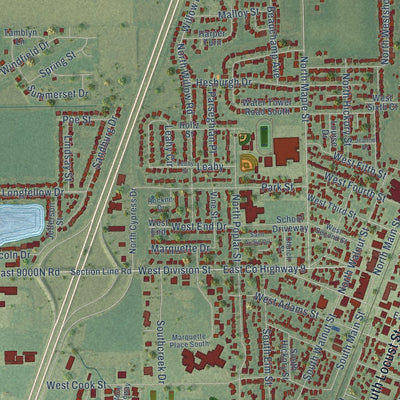 Close-up of the map of Manteno, Illinois print showing street and building detail