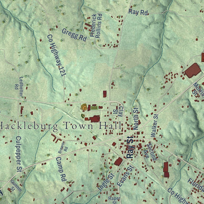Close-up of the map of Hackleburg, Alabama print showing street and building detail