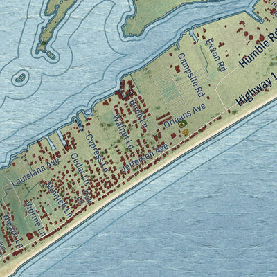Close-up of the map of Grand Isle, Louisiana print showing street and building detail