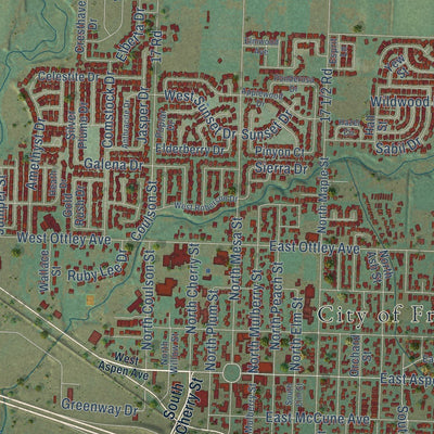 Close-up of the map of Fruita, Colorado print showing street and building detail