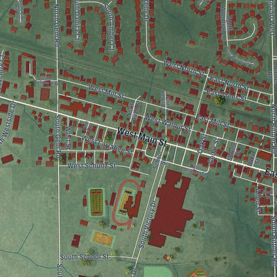 Close-up of the map of New Palestine, Indiana print showing street and building detail
