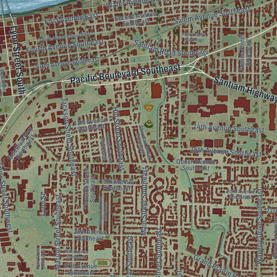 Close-up of the map of Albany, Oregon print showing street and building detail