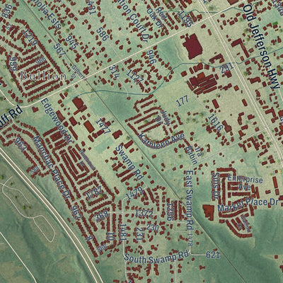 Close-up of the map of Prairieville, Louisiana print showing street and building detail