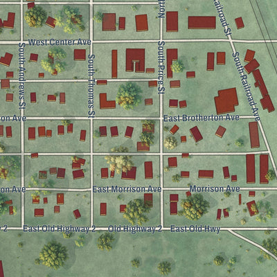 Close-up of the map of Merna, Nebraska print showing street and building detail