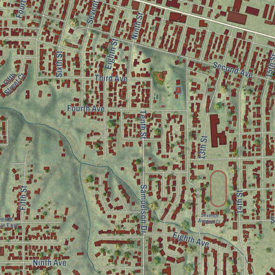 Close-up of the map of Silvis, Illinois print showing street and building detail