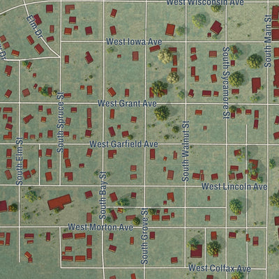 Close-up of the map of Greensburg, Kansas print showing street and building detail