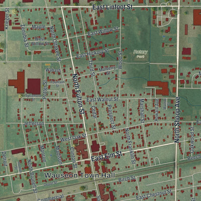 Close-up of the map of Wauseon, Ohio print showing street and building detail