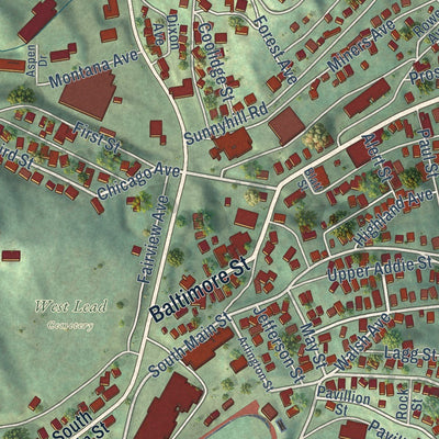 Close-up of the map of Lead, South Dakota print showing street and building detail