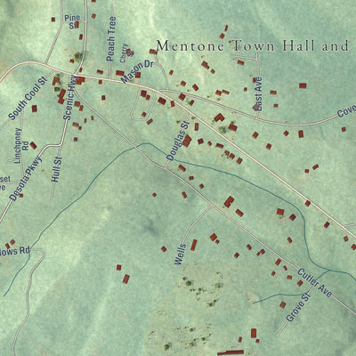 Close-up of the map of Mentone, Alabama print showing street and building detail