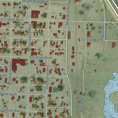 Close-up of the map of Sunburst, Montana print showing street and building detail