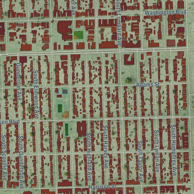 Close-up of the map of Oak Park, Illinois print showing street and building detail
