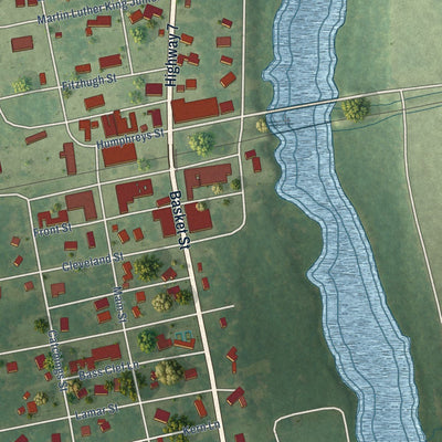 Close-up of the map of Itta Bena, Mississippi print showing street and building detail