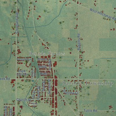 Close-up of the map of Baroda, Berrien County, Michigan print showing street and building detail