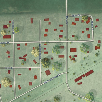 Close-up of the map of Heartwell, Nebraska print showing street and building detail