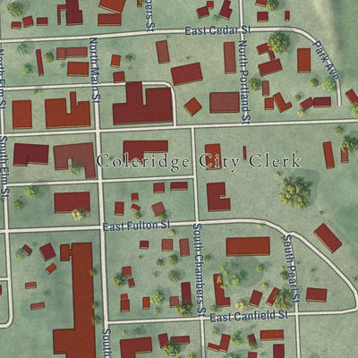 Close-up of the map of Coleridge, Nebraska print showing street and building detail