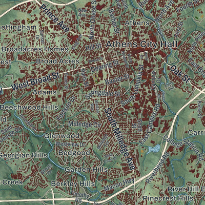 Close-up of the map of Athens-Clarke County, Georgia print showing street and building detail