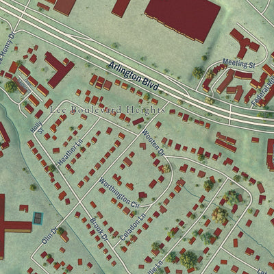 Close-up of the map of Seven Corners, Virginia print showing street and building detail