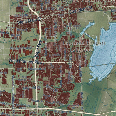 Close-up of the map of Grand Prairie, Texas print showing street and building detail