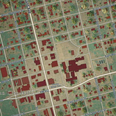 Close-up of the map of Rotan, Texas print showing street and building detail