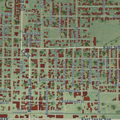 Close-up of the map of Rayne, Louisiana print showing street and building detail