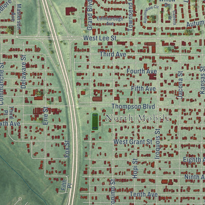 Close-up of the map of Chickasaw, Alabama print showing street and building detail