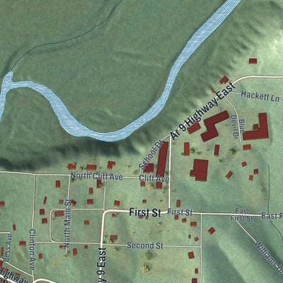 Close-up of the map of Shirley, Arkansas print showing street and building detail