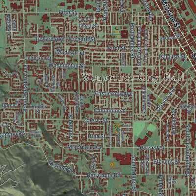 Close-up of the map of Wenatchee, Washington print showing street and building detail