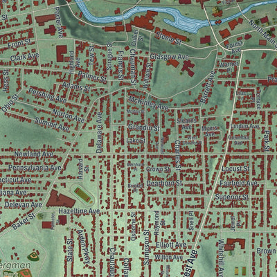 Close-up of the map of Jamestown, New York print showing street and building detail