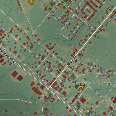 Close-up of the map of Varnville, South Carolina print showing street and building detail
