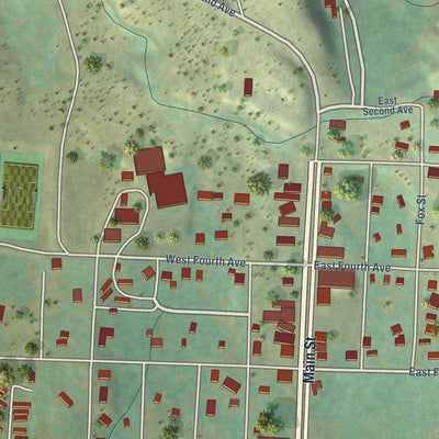 Close-up of the map of Nucla, Colorado print showing street and building detail