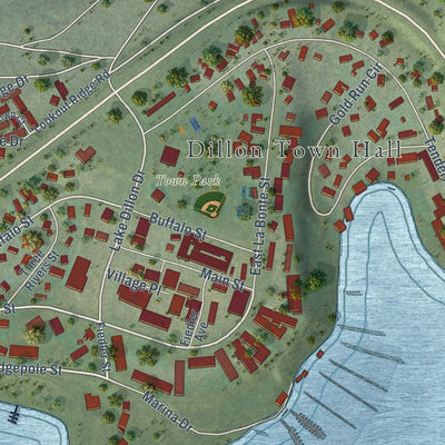 Close-up of the map of Dillon, Colorado print showing street and building detail