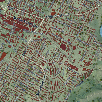 Close-up of the map of Charlottesville, Virginia print showing street and building detail