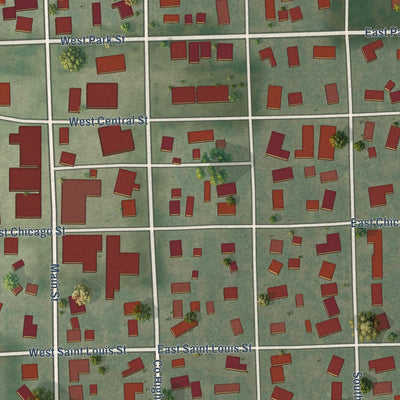 Close-up of the map of Minier, Illinois print showing street and building detail
