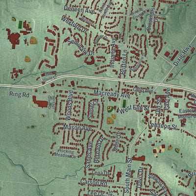 Close-up of the map of Monroe, Ohio print showing street and building detail