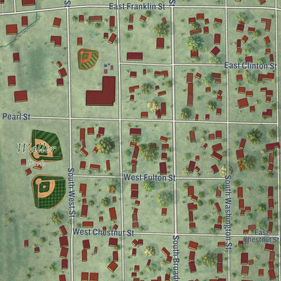 Close-up of the map of Hudson, Illinois print showing street and building detail