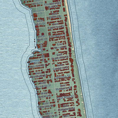Close-up of the map of South Padre Island, Texas print showing street and building detail