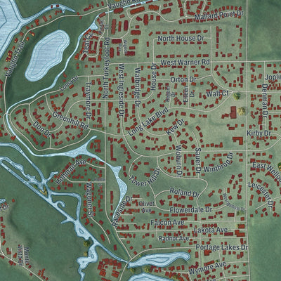Close-up of the map of Portage Lakes, Ohio print showing street and building detail