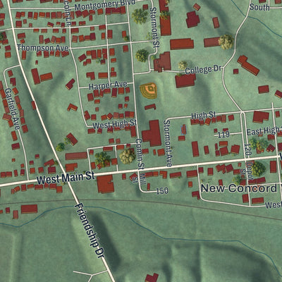 Close-up of the map of New Concord, Ohio print showing street and building detail