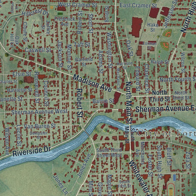 Close-up of the map of Fort Atkinson, Wisconsin print showing street and building detail
