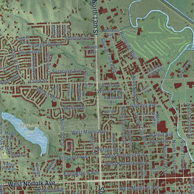 Close-up of the map of Norfolk, Nebraska print showing street and building detail