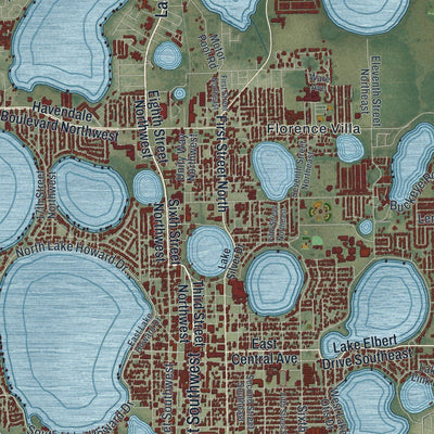 Close-up of the map of Winter Haven, Florida print showing street and building detail