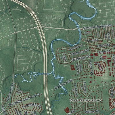 Close-up of the map of Tinton Falls, New Jersey print showing street and building detail
