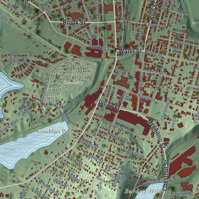 Close-up of the map of Clinton, Massachusetts print showing street and building detail