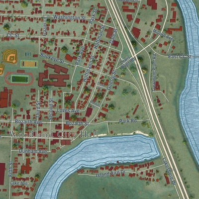 Close-up of the map of Woodland, Washington print showing street and building detail