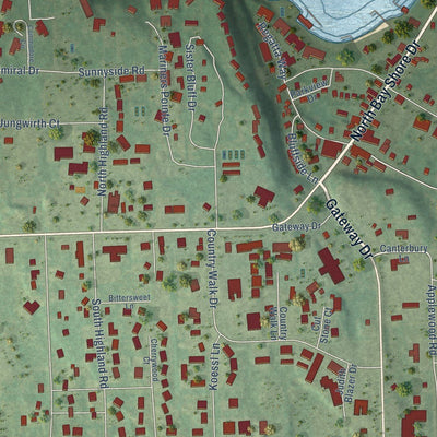Close-up of the map of Sister Bay, Wisconsin print showing street and building detail